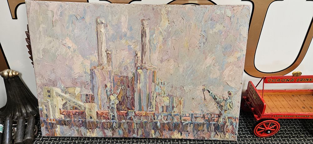 Lot 735: Large abstract impressionist pallet knife painting of Battersea...