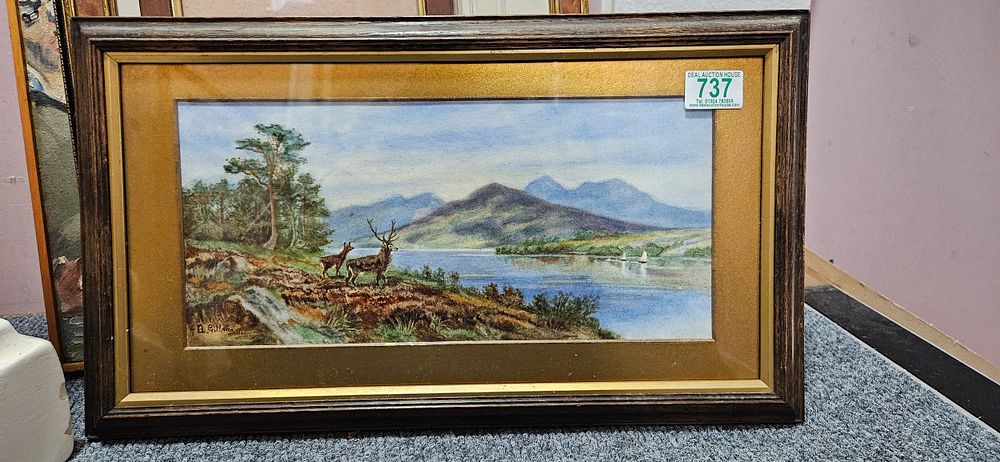 Lot 737: Watercolour of stags signed A Gillman
