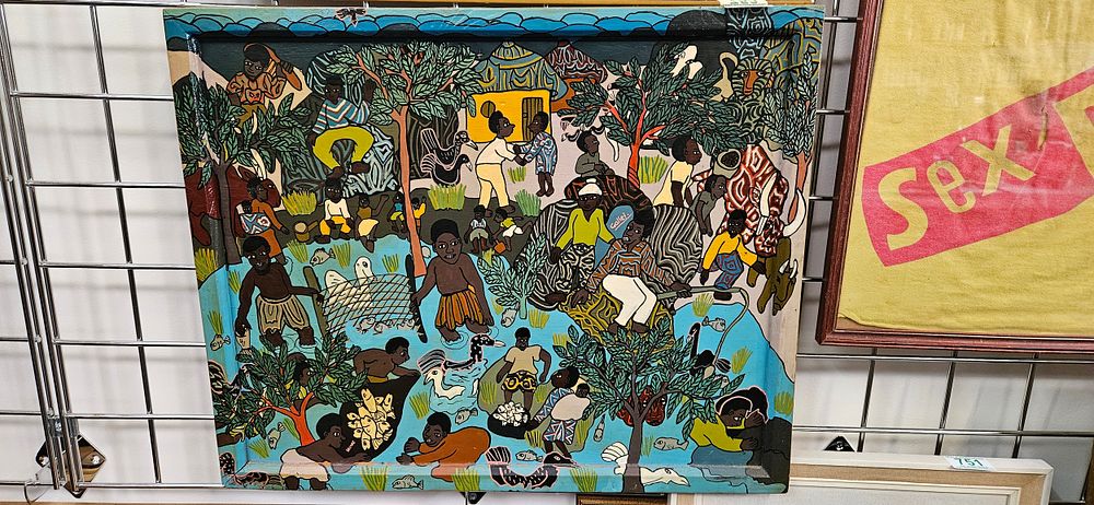 Lot 753: Zimbabwean folk art, depicting a vibrant village scene