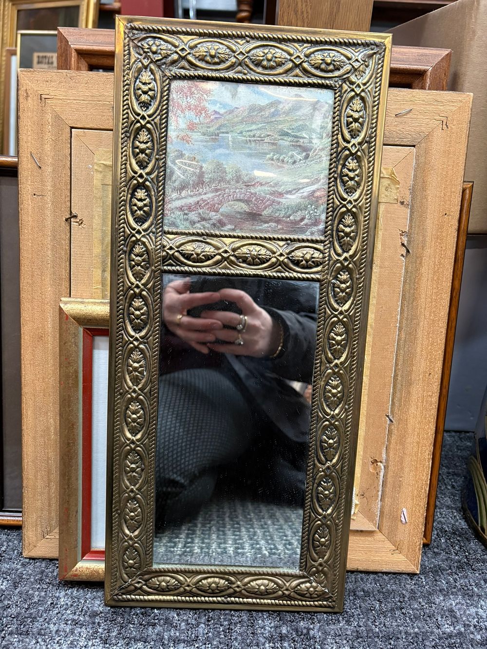 Lot 756: Vintage brass mirror with landscape picture above