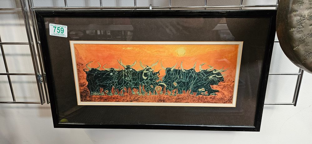 Lot 759: African watercolour of bulls