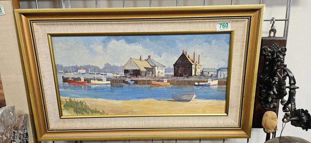 Lot 760: Oil painting of a coastal harbour scene