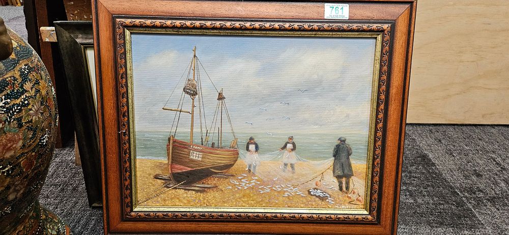 Lot 761: Oil on board painting depicting a seascape with...