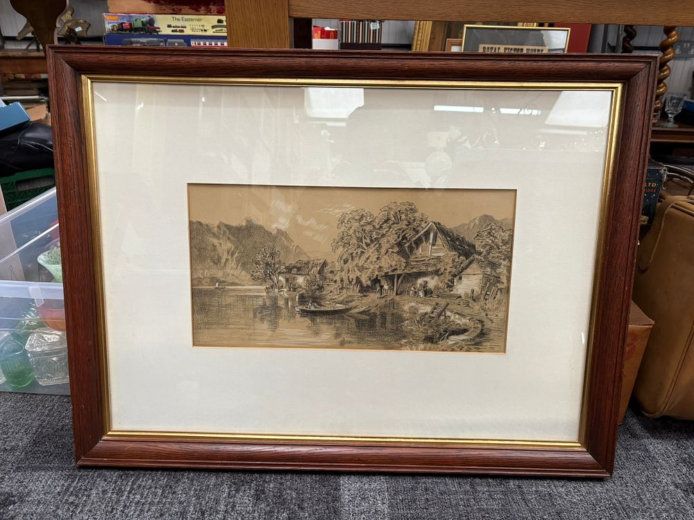 Lot 762: Large oak framed drawing of a house next...