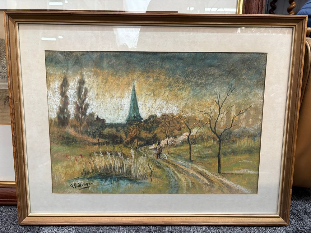 Lot 773: Painting with church in distance signed Pullinger