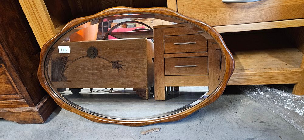 Lot 776: Oak framed wavey edge wall mirror with bevelled...