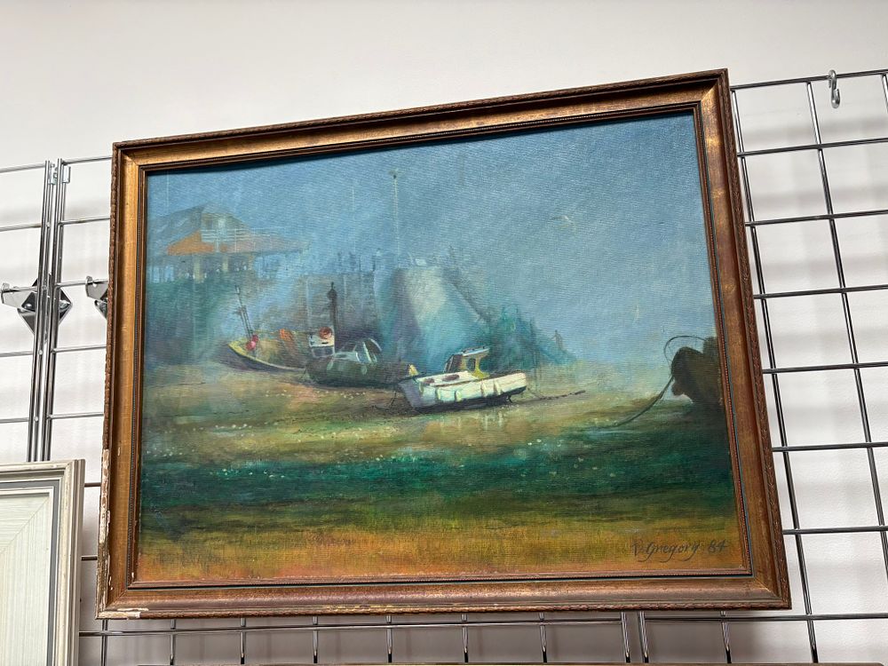 Lot 798: Oil on board of boats in harbour signed...