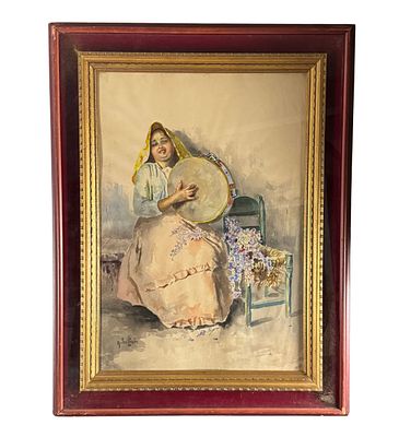 Arlando De Lisio - Young woman with a tambourine - Arlando De Lisio. Watercolor on paper 