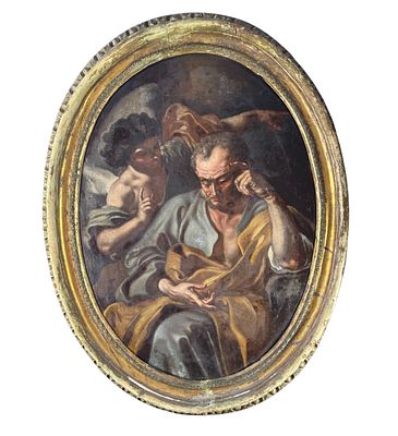 *The Dream of Joseph*. Oval-shaped oil painting on canvas, 17th century, Italian school 