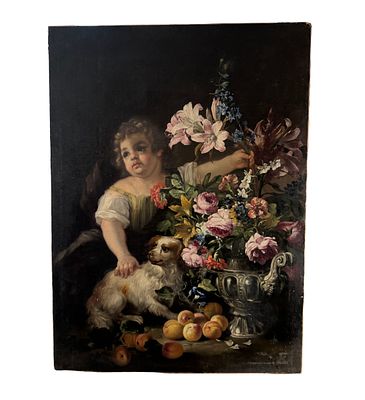 UNIDENTIFIED SIGNATURE - Allegory with a child, still life with flowers and fruit. Oil on canvas 