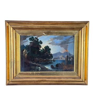 Naples with the eruption of Vesuvius. Oil painting on cardboard, 19th century, Italian school 