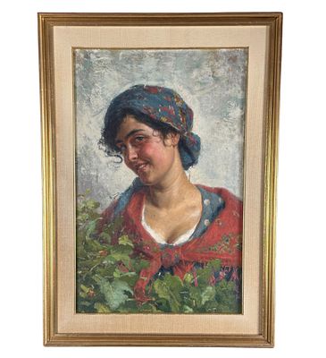 ANONIMO - Portrait of a peasant woman. Oil on canvas painting, early 20th-century Italian school 