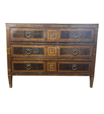 Elegant veneered and inlaid chest of drawers with geometric motifs, Southern Italy, Luigi XVI 