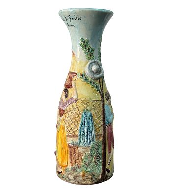 Figures. Glazed ceramic vase, 20th century, depicting figures. Inscribed at the top: *Lo Scoglio 