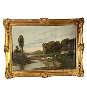 Nicola Palizzi - Landscape with a peasant woman and ducks - Nicola Palizzi. Oil on canvas painting 