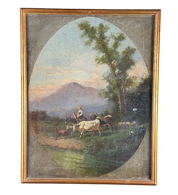 Landscape with a peasant woman and her flock. Oil painting on canvas, 19th century, Italian 