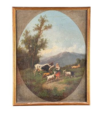 Landscape with a peasant woman and her flock. Oil painting on canvas, 19th century, Italian 