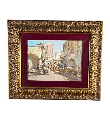 Mario Maresca Serra - Market scene with figures - Mario Maresca Serra. Oil on panel, 20th-century 