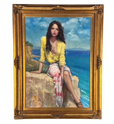 ANONIMO - Young woman by the sea. Oil on canvas painting, 20th-century Italian school, depicting a 