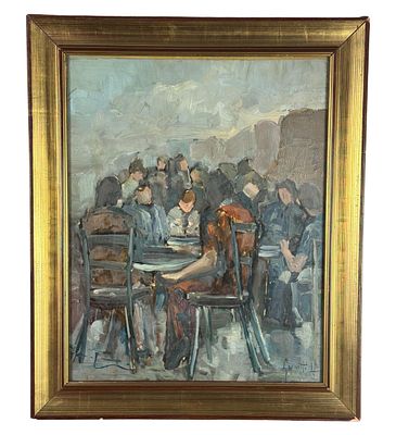 UNIDENTIFIED SIGNATURE - Figures at a table. Oil painting on panel, 20th century Italian school 