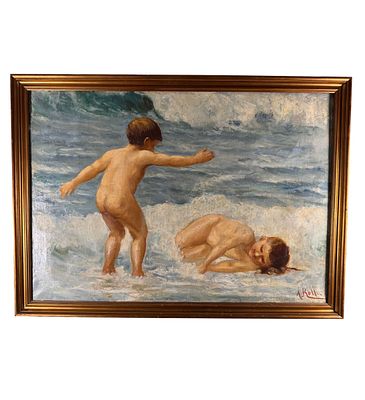 A.Rollo - Children playing by the sea - A. Rollo. Oil on canvas, early 20th-century period, Italian 