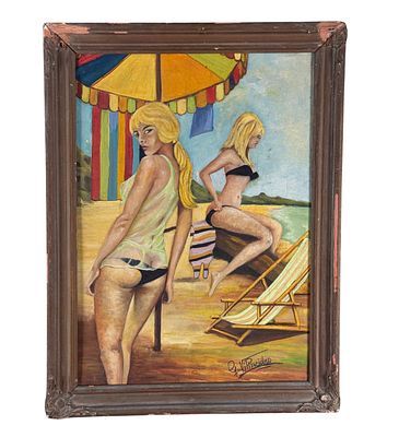 SCUOLA ITALIANA - Two Women by the Sea. Oil painting on panel, 20th century, Italian school 