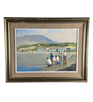 UNIDENTIFIED SIGNATURE - Fishermen at the port. Oil painting on canvas, 20th-century period 