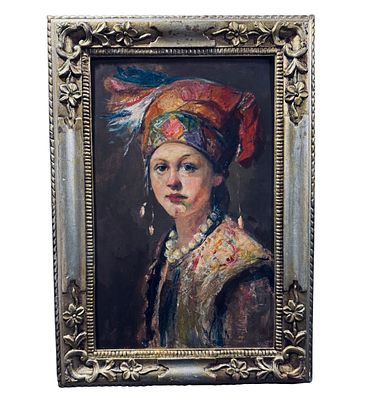 ANONIMO - Portrait of an Eastern woman. Oil painting on panel, 20th century, Italian school 