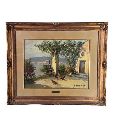 FORTUNATO FONTANA - Terrace with landscape - FORTUNATO FONTANA. Oil painting on panel, 20th-century 