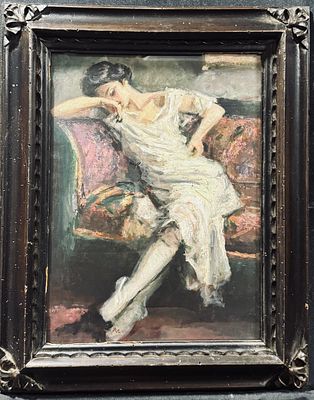 ANONIMO - portrait of a woman on an armchair. Oil painting on panel, 20th century, Italian school 