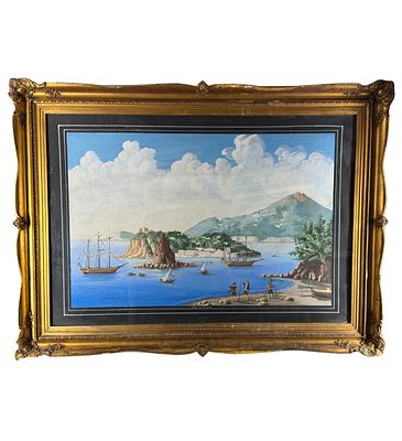 ANONIMO - Seascape with the Island of Procida and boats. Gouache painting (tempera on paper), early 