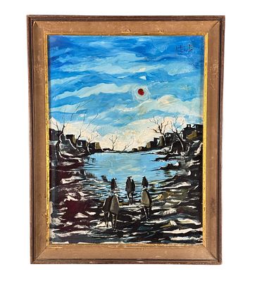 Antonio Bert&egrave; - Landscape with characters - Antonio Bert&egrave;. Oil painting on cardboard, 20th-century 