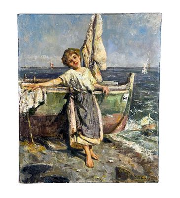 UNIDENTIFIED SIGNATURE - Woman by the Seaside. Oil painting on canvas, 20th century period, Italian 
