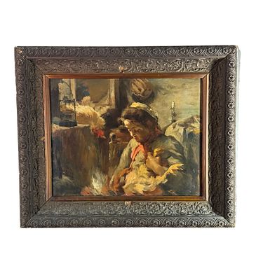 UNIDENTIFIED SIGNATURE - Girl with chickens. Oil on canvas painting, late 19th / early 20th century 