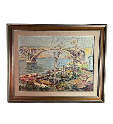 NICOLA CANZANELLA - Seascape with a bridge - NICOLA CANZANELLA. Oil painting on panel, 20th century 