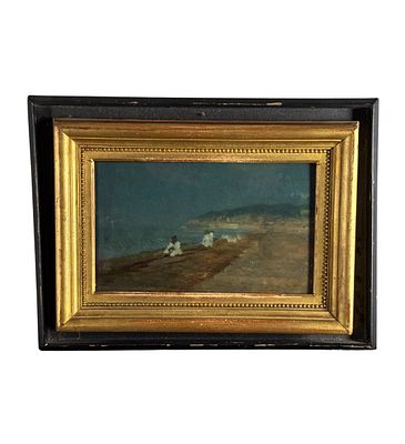 SCUOLA ITALIANA - Seascape with figures. Oil on panel painting, 19th century, Italian school 