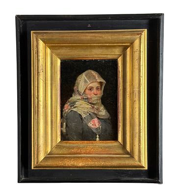 SCUOLA ITALIANA - Portrait of a young woman in an Orientalist style. Oil painting on panel, 19th 