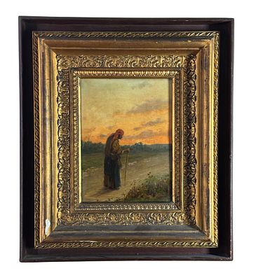 UNIDENTIFIED SIGNATURE - Sunset landscape with a figure. Oil on panel painting, 19th century 