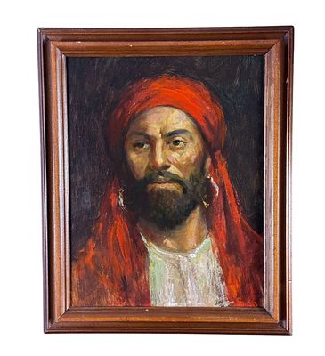 ANONIMO - Male figure with a turban. Oil painting on panel, 20th century, Italian school, depicting 