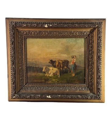 Filippo Palizzi (ATT) - Peasant woman with a flock. Oil on canvas painting, 19th century, Italian 