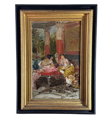 ANONIMO - Two women in an interior. Oil on canvas painting, 19th century, Italian school, depicting 