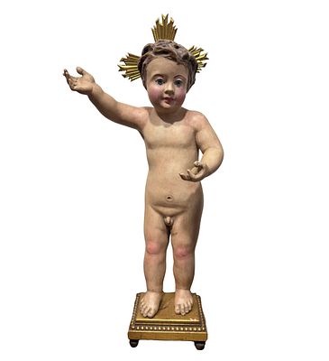 SCUOLA ITALIANA - Infant Jesus. Polychrome wooden sculpture, 19th-century period, depicting Infant 