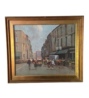 UNIDENTIFIED SIGNATURE - Street with a small market and figures. Oil painting on panel, 20th 