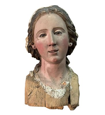 Bust of a sacred female figure. Carved (polychrome) wooden sculpture, 18th century, depicting a 