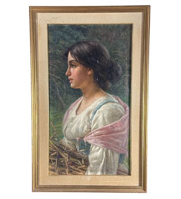 ANONIMO - Profile of a young woman. Oil on canvas painting, early 20th-century Italian school 