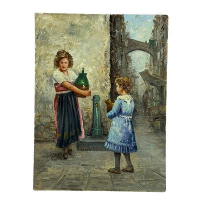 ANONIMO - Children at the Fountain. Oil painting on panel, 20th century period (1940 - 1950) 