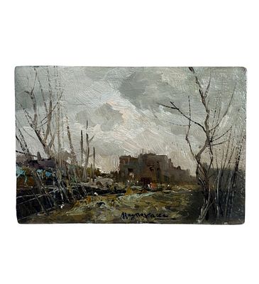 UNIDENTIFIED SIGNATURE - Country road. Oil painting on panel, early 20th century, Italian school 