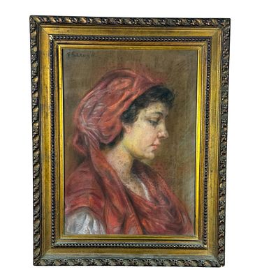 UNIDENTIFIED SIGNATURE - Profile of a woman with a headdress. Mixed media on cardboard, acrylic 