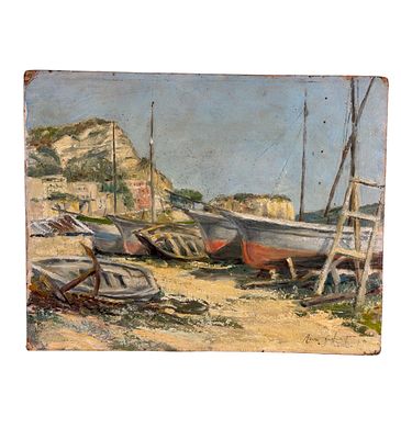 UNIDENTIFIED SIGNATURE - View of a seaside with boats on the shore. Oil painting on cardboard, 20th 