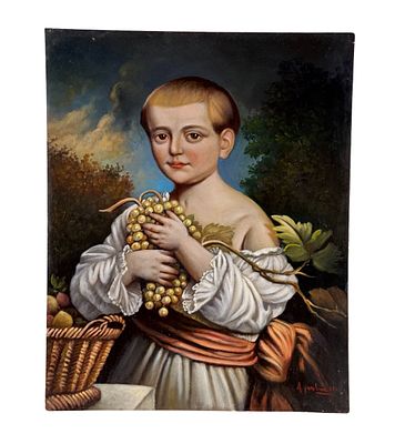 UNIDENTIFIED SIGNATURE - Portrait of a child with fruit. Oil painting on cardboard, first half of 